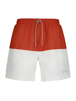 Brunello Cucinelli Mens Logo Embroidered Swim Trunks in Orange & White