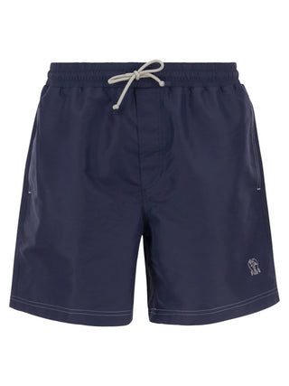 Brunello Cucinelli Mens Logo Embroidered Swim Trunks in Navy