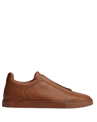 Zegna Mens Caramel Brown Deerskin Triple Stitch Sneakers