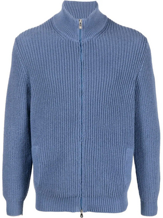 Brunello Cucinelli Men's Rib Knit Zip Up Cardigan In Blue
