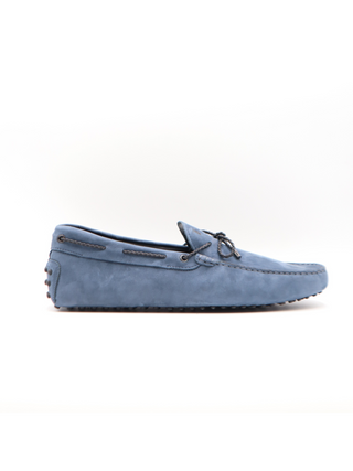 Tods Mens Light Blue Suede Laccetto Gommino Driver Shoes with Brown Lace