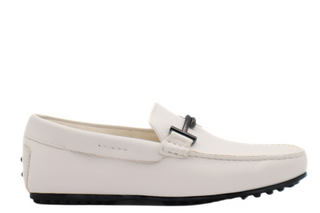 Tods Mens White Grained Gommino Driver Shoe with Front Black Buckle