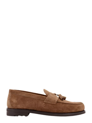 Brunello Cucinelli Mens Suede Tassle Loafers in Chestnut