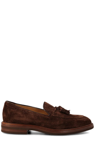 Brunello Cucinelli Mens Tassel Detailed Almond-Toe Loafers in Dark Brown