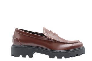 Tods Mens Brown Leather Mocassin Loafer with Green Brown Inner Houndstooth Pattern