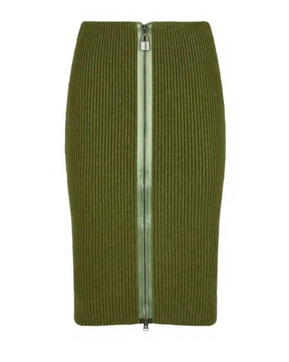 Tom Ford Womens Green Ribbed Wool Zip-Up Skirt