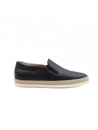 Tods Mens Black Grained Leather Espadrille with Rubber Raffia Sole