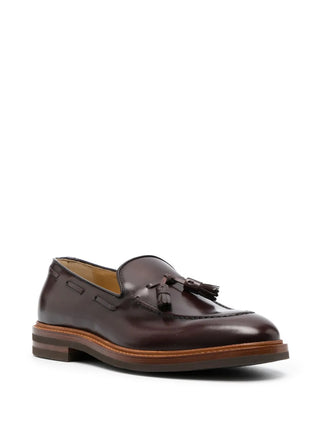 Brunello Cucinelli Mens Leather Tassle Loafers in Burgundy