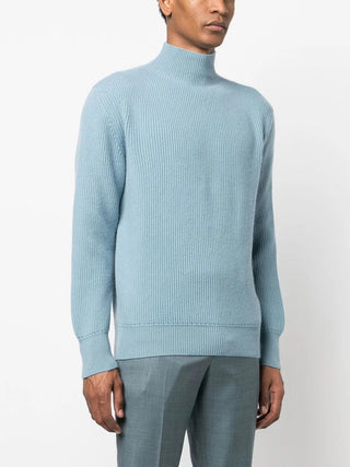 Tom Ford Mens Ribbed Cashmere Mock Neck Light Blue Sweater