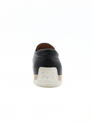 Tods Mens Black Grained Leather Espadrille with Rubber Raffia Sole