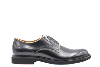 Tods Mens Black Leather Lace Up Derby Gomma Dress Shoe with Brown Trimming Detail