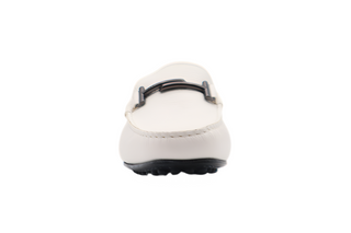 Tods Mens White Grained Gommino Driver Shoe with Front Black Buckle