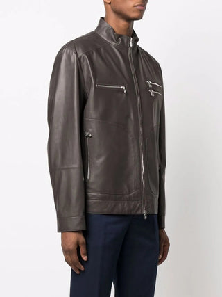 Brunello Cucinelli Mens Leather Zip Up Brown Jacket