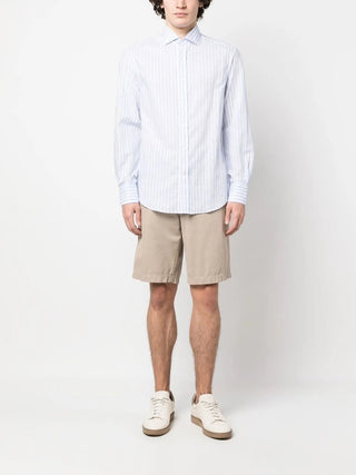 Brunello Cucinelli Mens White & Light Blue Slim Fit Shirt