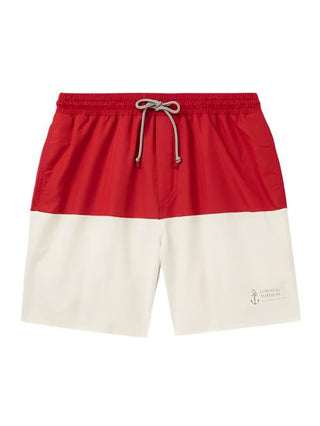 Brunello Cucinelli Mens Logo Embroidered Swim Trunks in Red & White