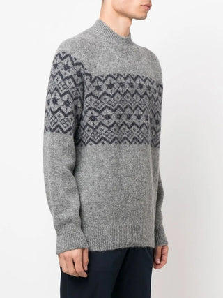 Brunello Cucinelli Mens Jacquard-Detail Crewneck Grey Sweater