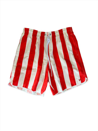 Isaia Mens Red White Striped Swim Trunks