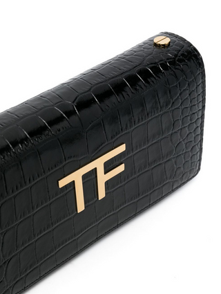 Tom Ford Womens Leather Croc Effect Logo Bag In Black