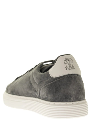 Brunello Cucinelli Washed Suede Sneakers in Light Grey