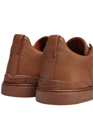 Zegna Mens Caramel Brown Deerskin Triple Stitch Sneakers