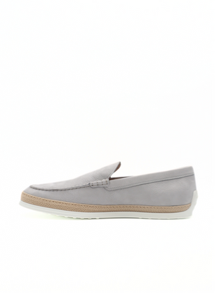 Tods Mens Light Grey Suede Loafer Espadrille Shoe with Raffia Rubber Sole