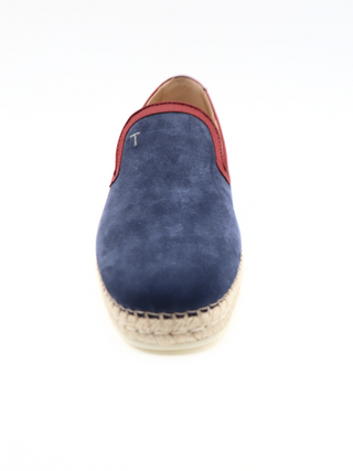 Tods Mens Navy Blue with Red Trim Espadrille with Raffia Sole