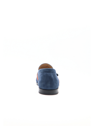 Tods Mens Blue Suede Ruched Gommino Driver Shoe with Side Multicolor Strap