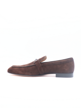 Tods Mens Brown Suede Mocassino Shoe with Silver Buckle