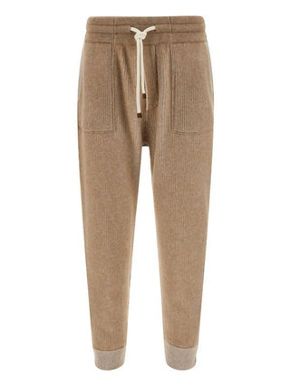 Brunello Cucinelli Mens Brown & White Cashmere Ankle Zip Sweatpants