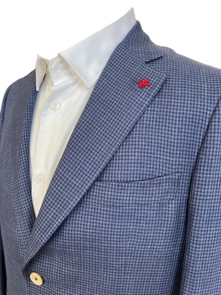 Isaia Mens Medium Blue Navy Checkered Wool Linen Silk Blazer Jacket