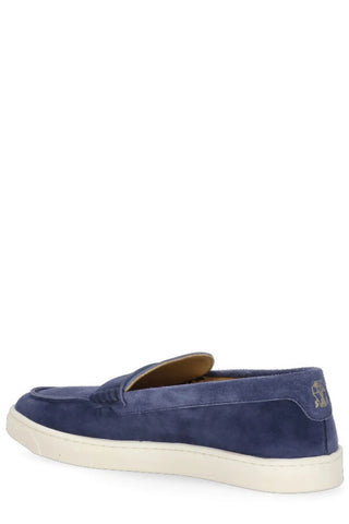 Brunello Cucinelli Mens Almond-Toe Slip-On Loafers in Deep Blue