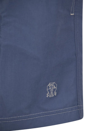 Brunello Cucinelli Mens Logo Embroidered Swim Trunks in Light Blue