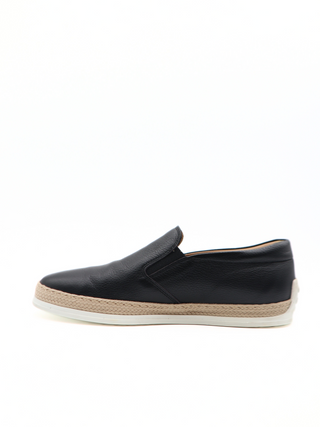 Tods Mens Black Grained Leather Espadrille with Rubber Raffia Sole