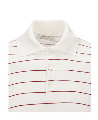 Brunello Cucinelli Mens White & Dark Red Striped-Effect Cotton Polo Shirt