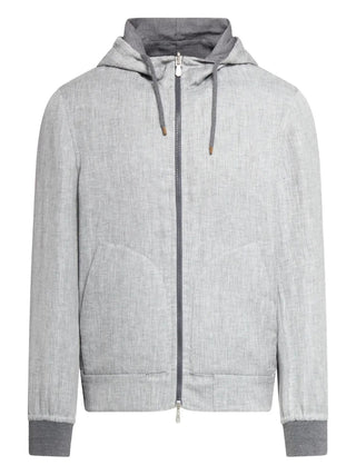 Brunello Cucinelli Men's Full-Zip Linen Wool & Silk Hooded Grey Reversible Jacket