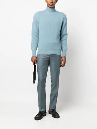 Tom Ford Mens Ribbed Cashmere Mock Neck Light Blue Sweater