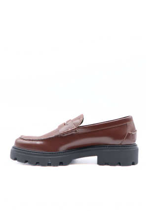 Tods Mens Brown Leather Mocassin Loafer with Green Brown Inner Houndstooth Pattern