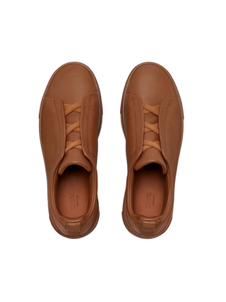 Zegna Mens Caramel Brown Deerskin Triple Stitch Sneakers
