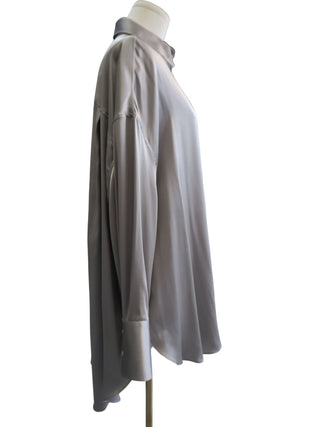 Brunello Cucinelli Light Grey Silk Button Down Shirt with Bead Embellishment Detail