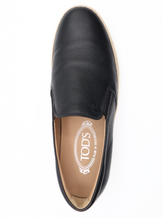 Tods Mens Black Grained Leather Espadrille with Rubber Raffia Sole