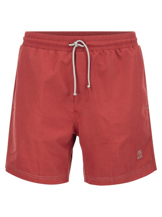 Brunello Cucinelli Mens Logo Embroidered Swim Trunks in Red