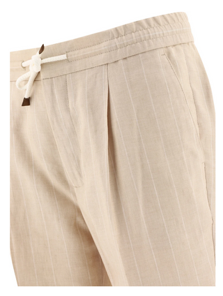 Brunello Cucinelli Men's Pinstriped Drawstring Pants in Beige