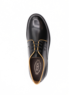 Tods Mens Black Leather Lace Up Derby Gomma Dress Shoe with Brown Trimming Detail