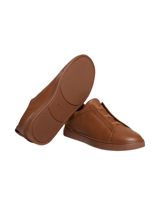 Zegna Mens Caramel Brown Deerskin Triple Stitch Sneakers