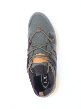 Tods Mens Green Black Brown Felt Lace Up Sport Sneaker Shoe