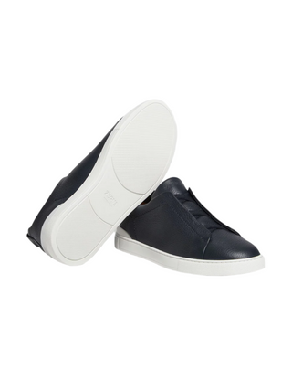 Zegna Mens Navy Deerskin Triple Stitch Sneakers