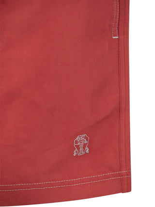 Brunello Cucinelli Mens Logo Embroidered Swim Trunks in Red