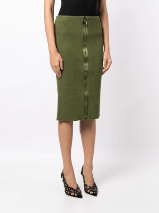 Tom Ford Womens Green Ribbed Wool Zip-Up Skirt