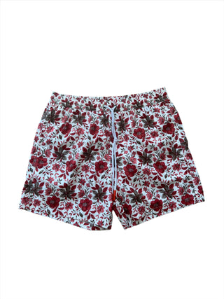 Isaia Mens White Red Floral Pattern Swim Trunk