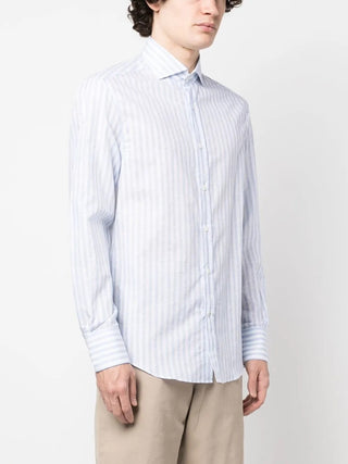 Brunello Cucinelli Mens White & Light Blue Slim Fit Shirt